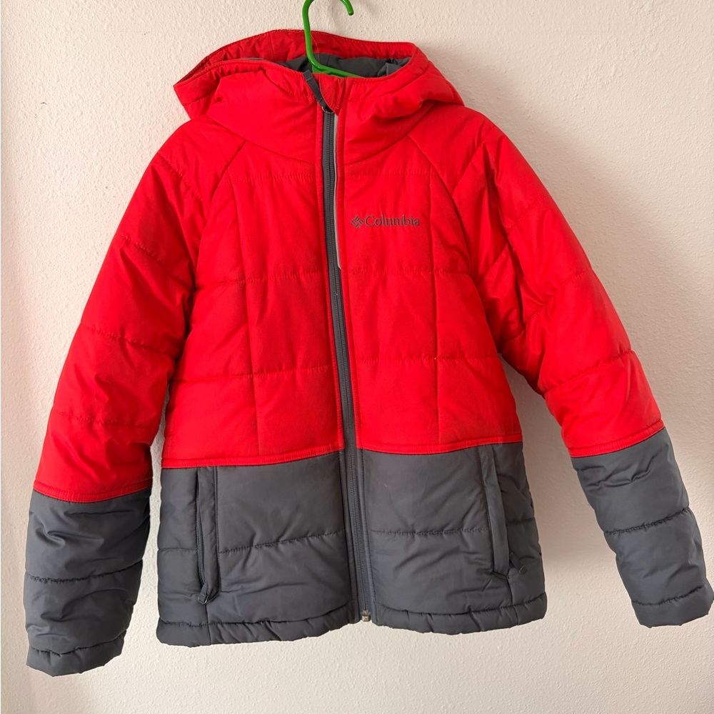 Columbia Red and Gray Kids Hooded Puffer Jacket